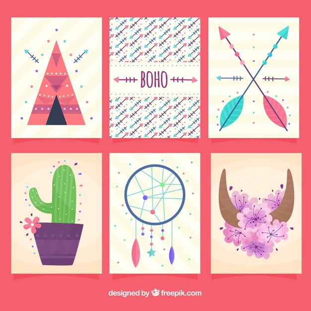 Colección de tarjetas boho con elementos hippie