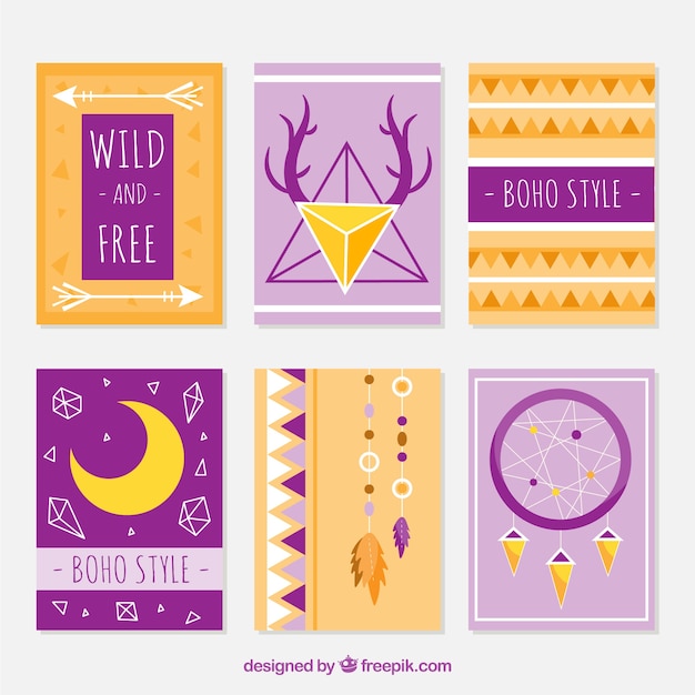 Colección de tarjetas boho con elementos hippie