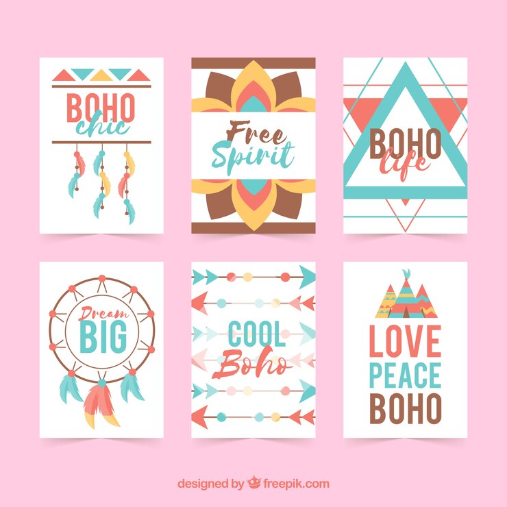 Vector gratuito colección de tarjetas boho con elementos hippie