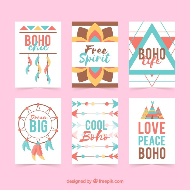 Colección de tarjetas boho con elementos hippie