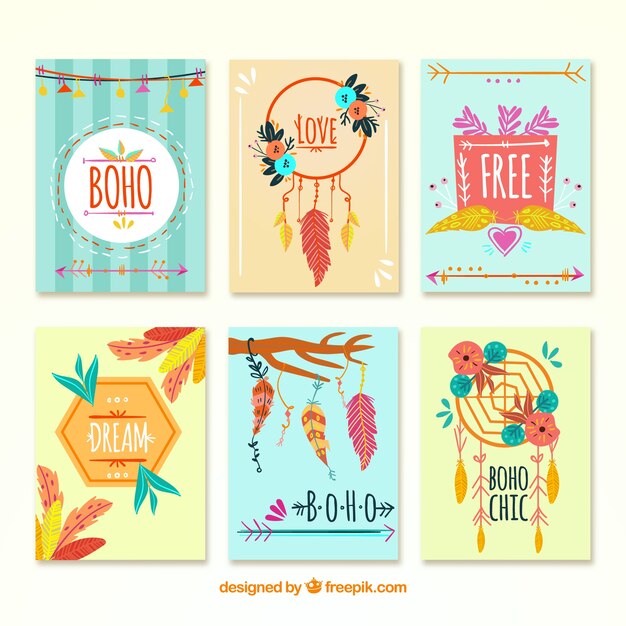 Colección de tarjetas boho con elementos hippie