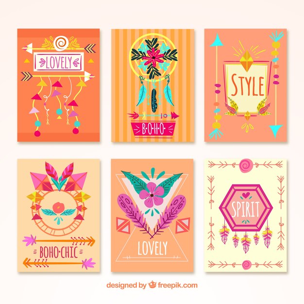 Colección de tarjetas boho con elementos hippie