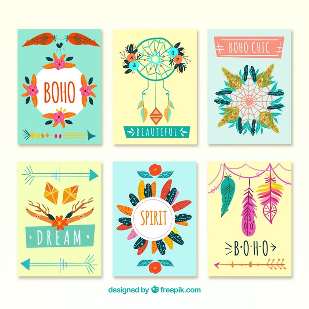 Colección de tarjetas boho con elementos hippie