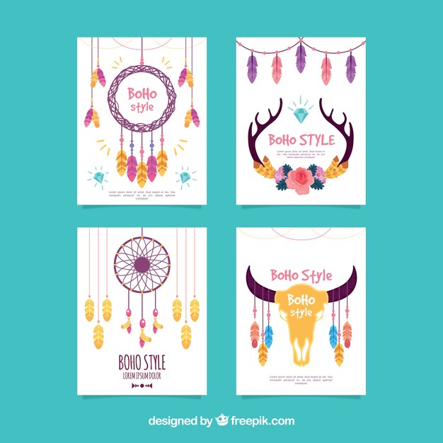 Colección de tarjetas boho con elementos hippie