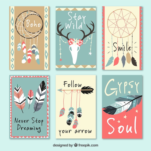 Colección de tarjetas boho con elementos hippie