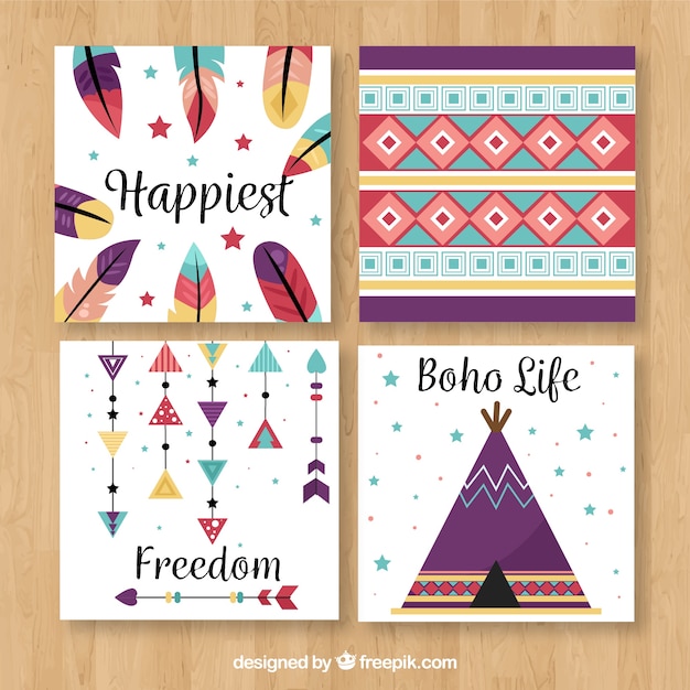 Colección de tarjetas boho con elementos hippie