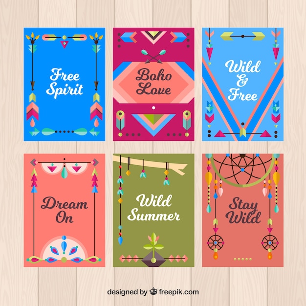 Vector gratuito colección de tarjetas boho con elementos hippie