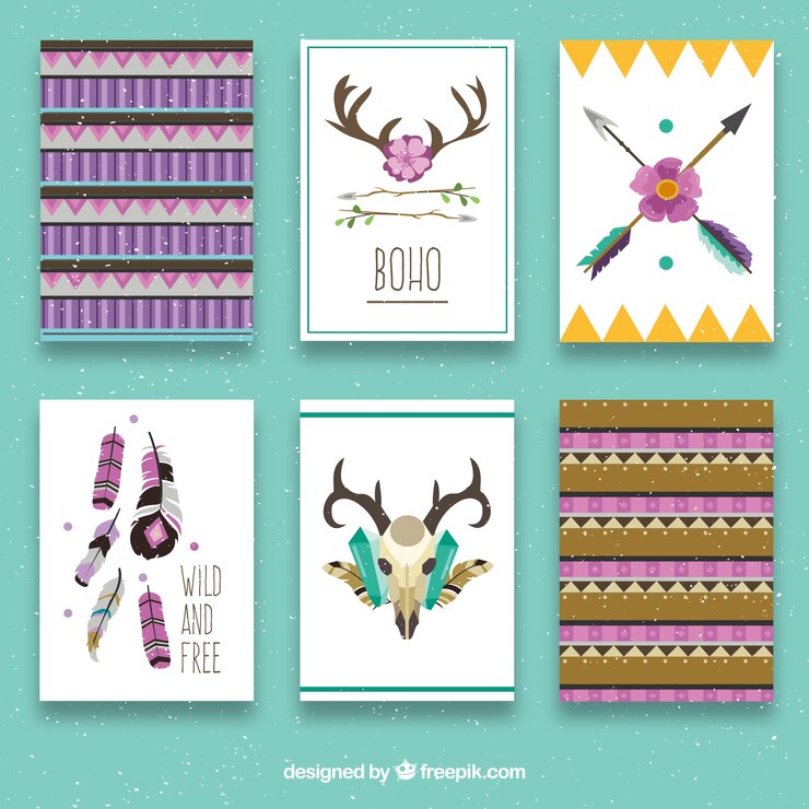 Vector gratuito colección de tarjetas boho con elementos hippie