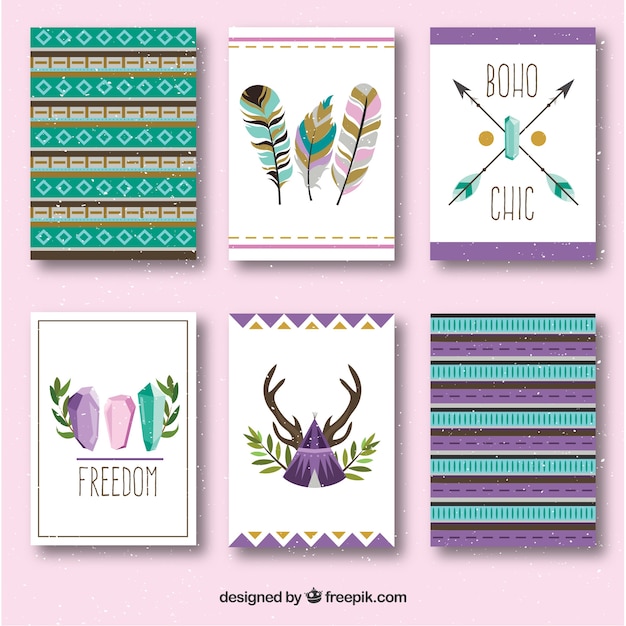 Vector gratuito colección de tarjetas boho con elementos hippie