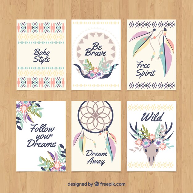 Colección de tarjetas boho con elementos hippie