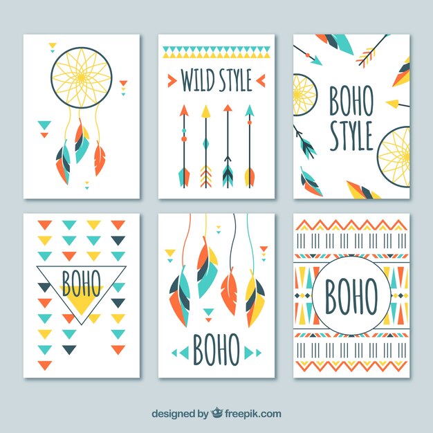 Colección de tarjetas boho con elementos hippie