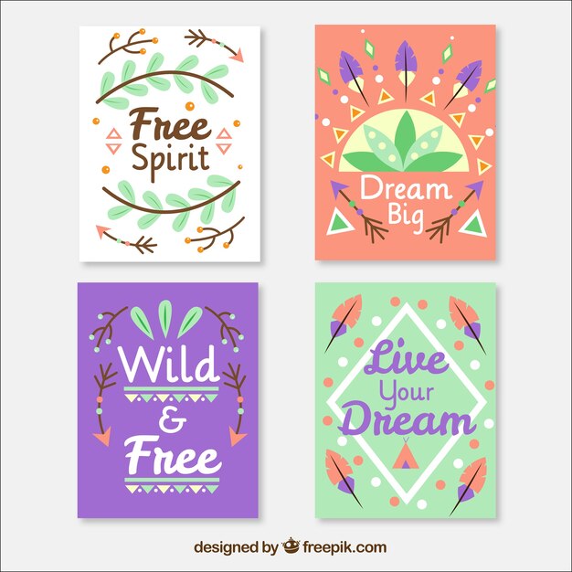 Colección de tarjetas boho con elementos hippie