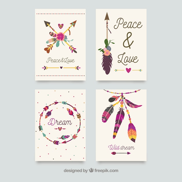 Vector gratuito colección de tarjetas boho con elementos hippie