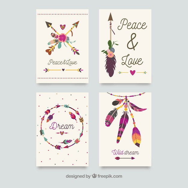 Colección de tarjetas boho con elementos hippie