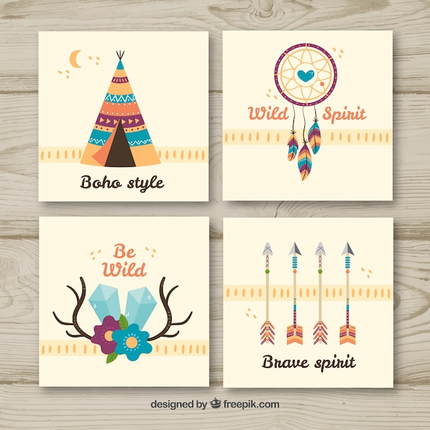 Vector gratuito colección de tarjetas boho con elementos hippie