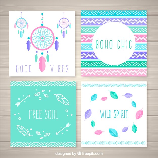 Colección de tarjetas boho con elementos hippie
