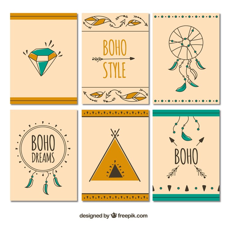 Vector gratuito colección de tarjetas boho con elementos hippie