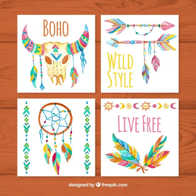 Colección de tarjetas boho en estilo acuarela