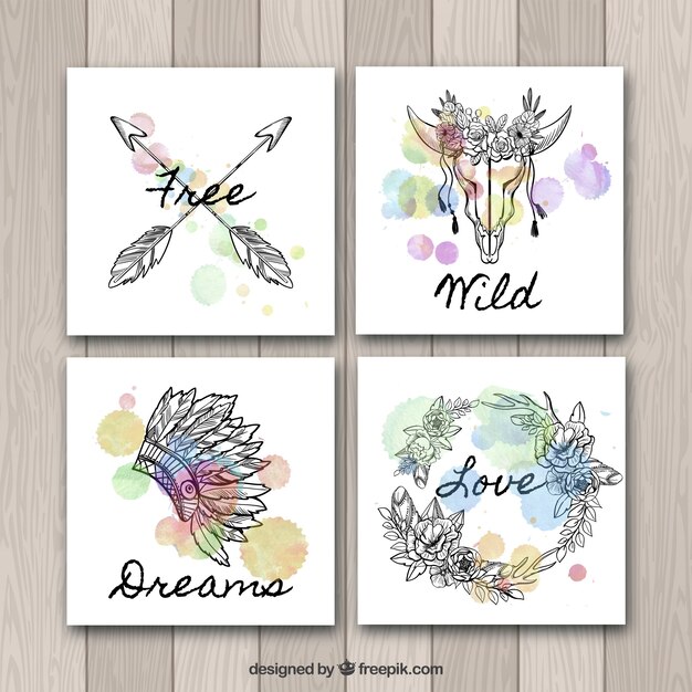 Colección de tarjetas boho en estilo acuarela