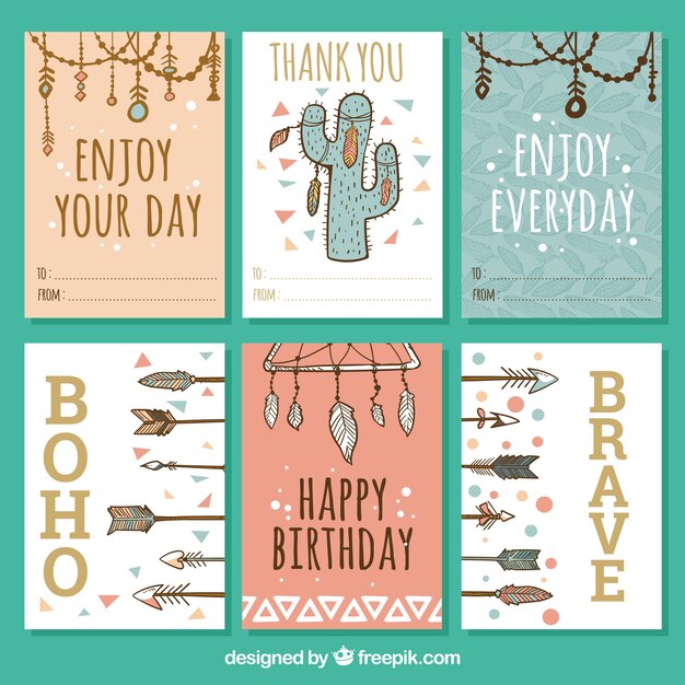 Colección de tarjetas boho en estilo hecho a mano