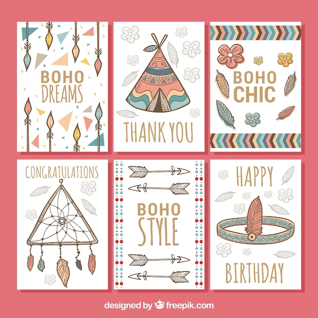 Colección de tarjetas boho en estilo hecho a mano