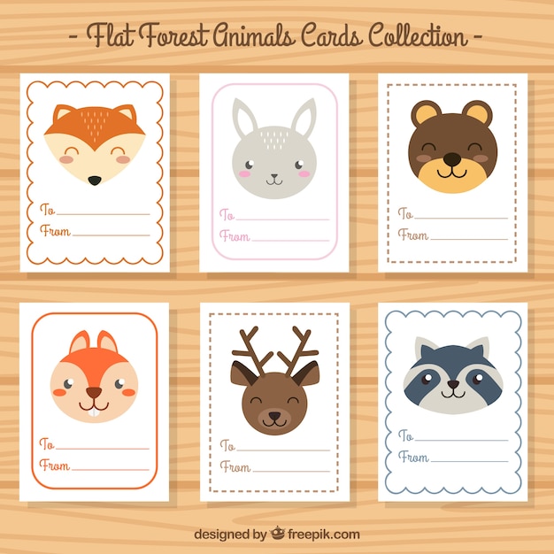 Colección de tarjetas de bonitos animales en diseño plano