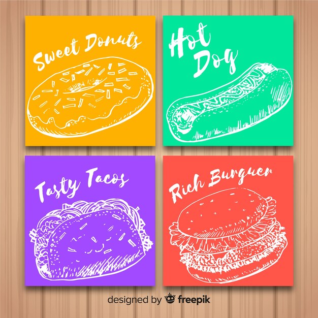 Colección de tarjetas caligráficas de comida 