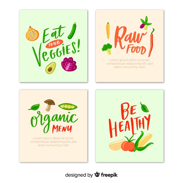 Colección de tarjetas de comida caligráficas dibujadas a mano