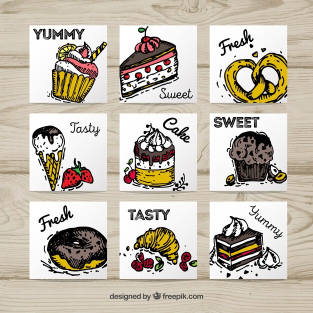 Colección de tarjetas de comida deliciosa dibujadas a mano