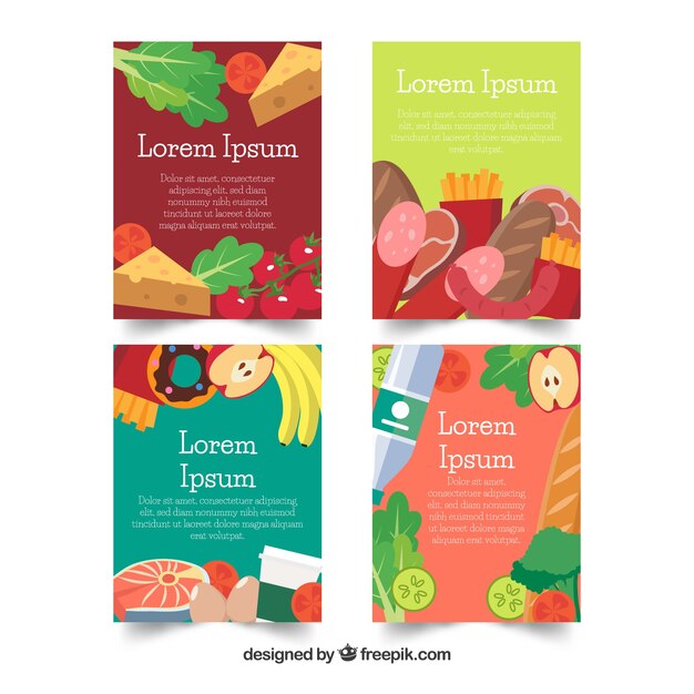 Colección de tarjetas de comida deliciosa con diseño plano
