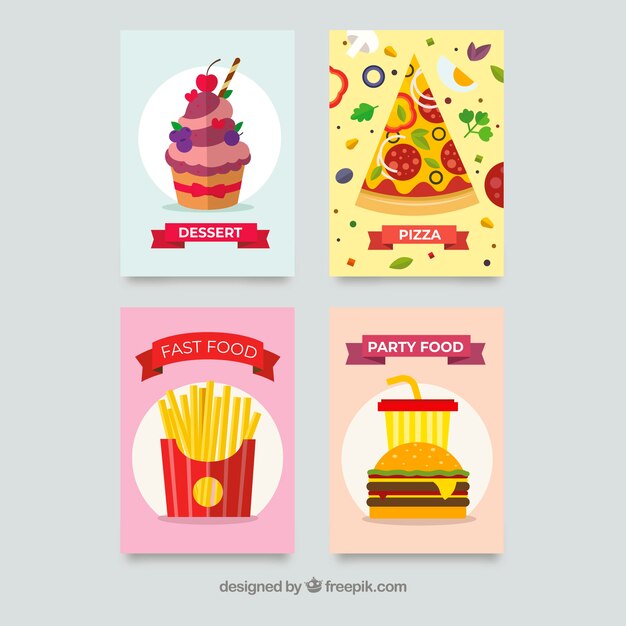 Colección de tarjetas de comida deliciosa con diseño plano