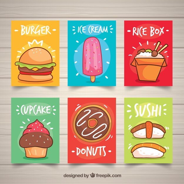 Colección de tarjetas con comida deliciosa