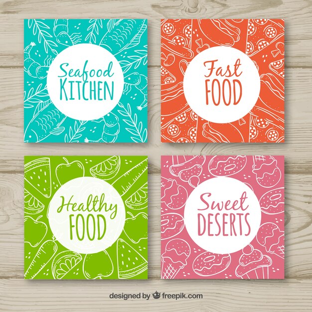 Colección de tarjetas de comida dibujadas a mano