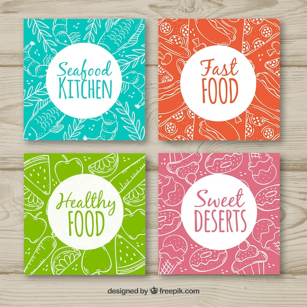 Colección de tarjetas de comida dibujadas a mano