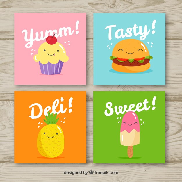 Colección de tarjetas de comida dibujadas a mano
