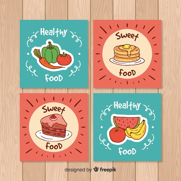 Colección de tarjetas de comida dibujadas a mano