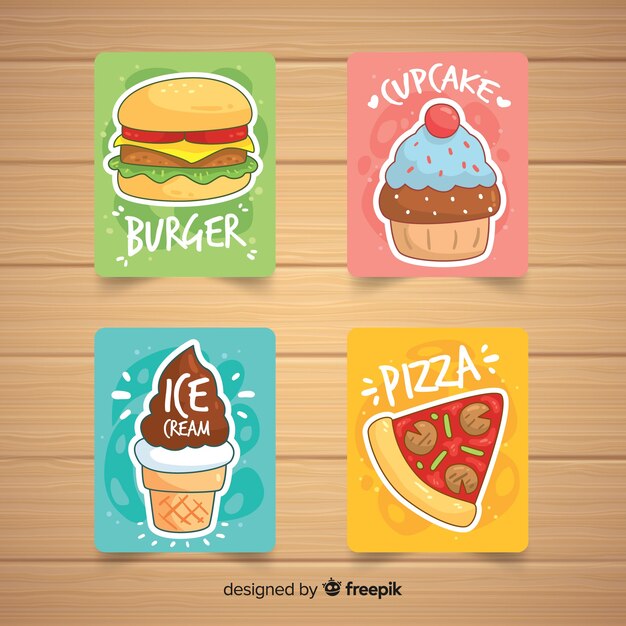 Colección de tarjetas de comida dibujadas a mano