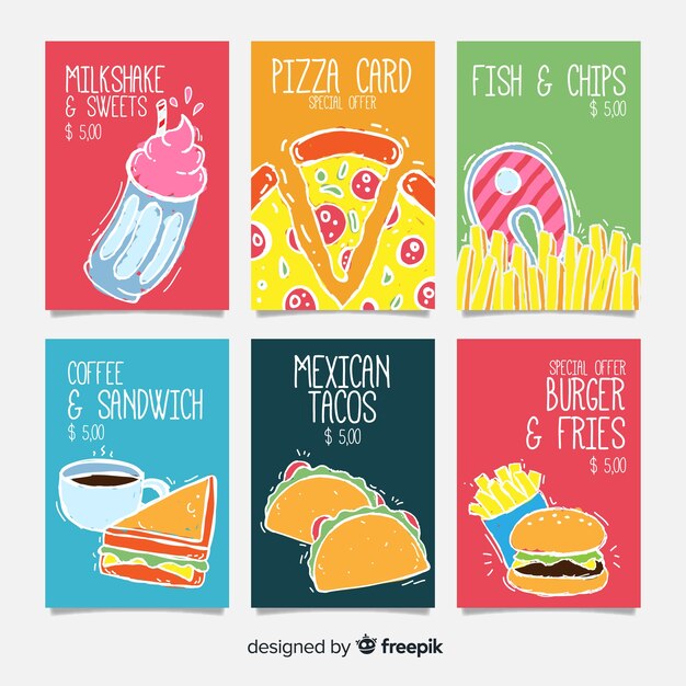 Colección de tarjetas de comida dibujadas a mano