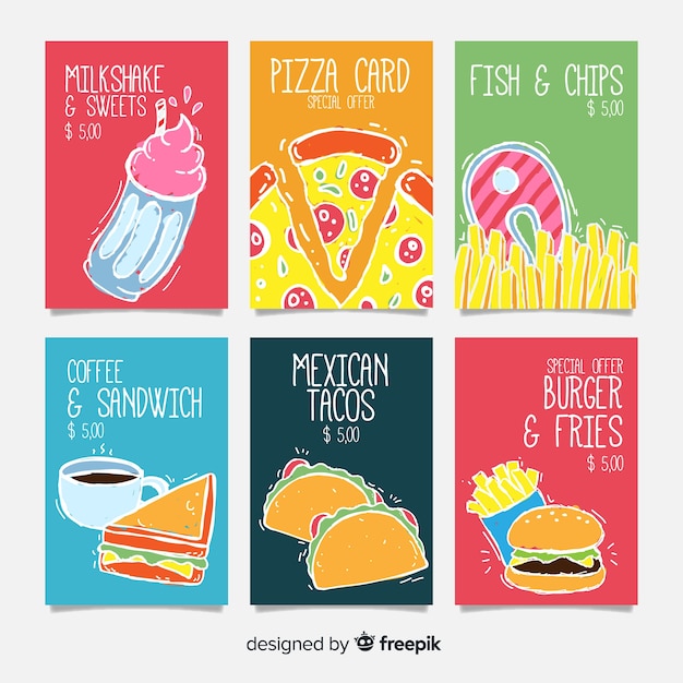 Colección de tarjetas de comida dibujadas a mano
