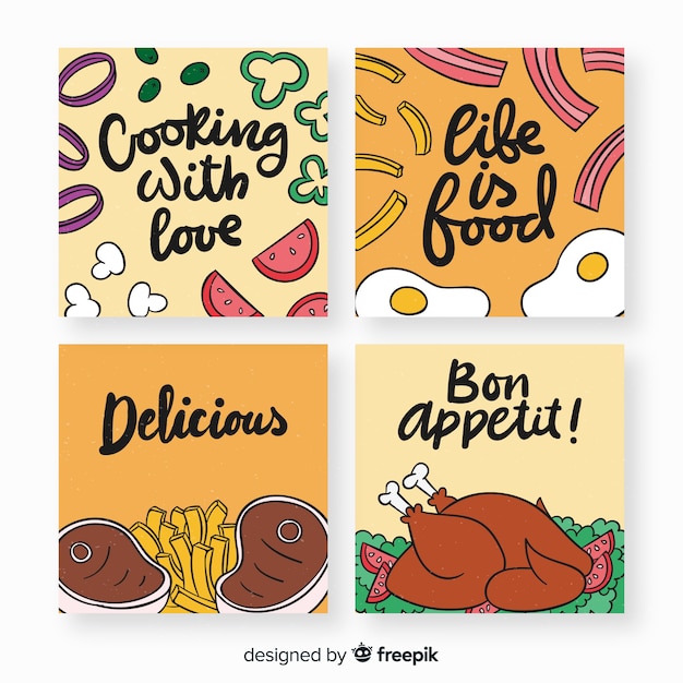 Vector gratuito colección de tarjetas de comida dibujadas a mano