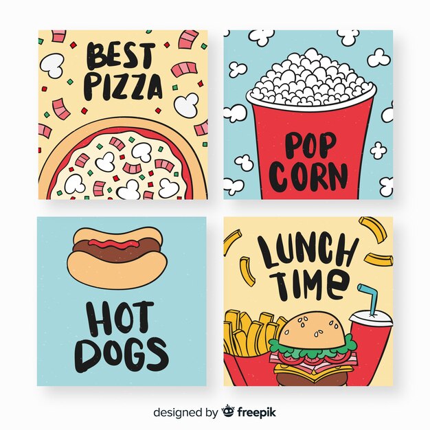 Colección tarjetas comida dibujadas a mano