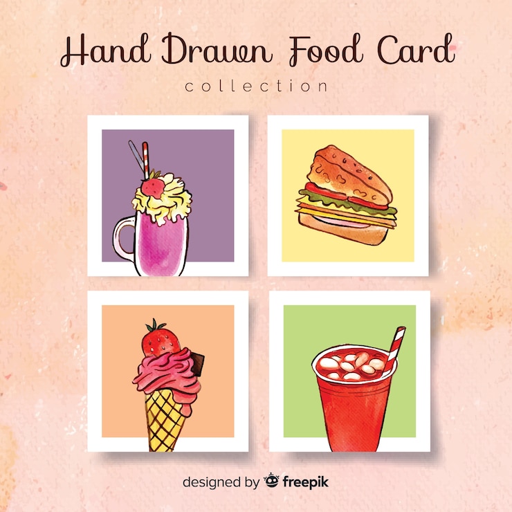 Vector gratuito colección de tarjetas de comida dibujado a mano