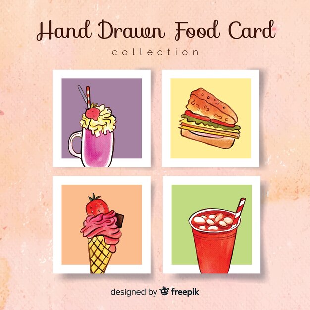 Colección de tarjetas de comida dibujado a mano