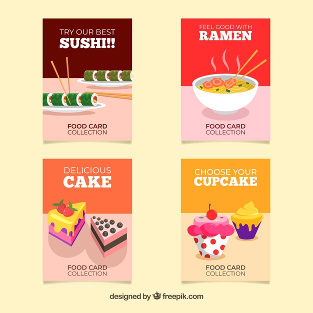 Colección de tarjetas con comida diferente
