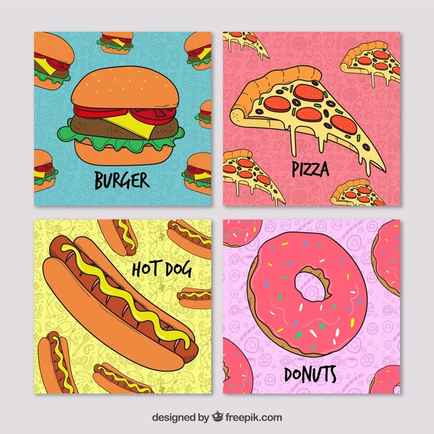 Colección de tarjetas con comida diferente