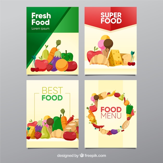 Colección de tarjetas de comida con diseño plano