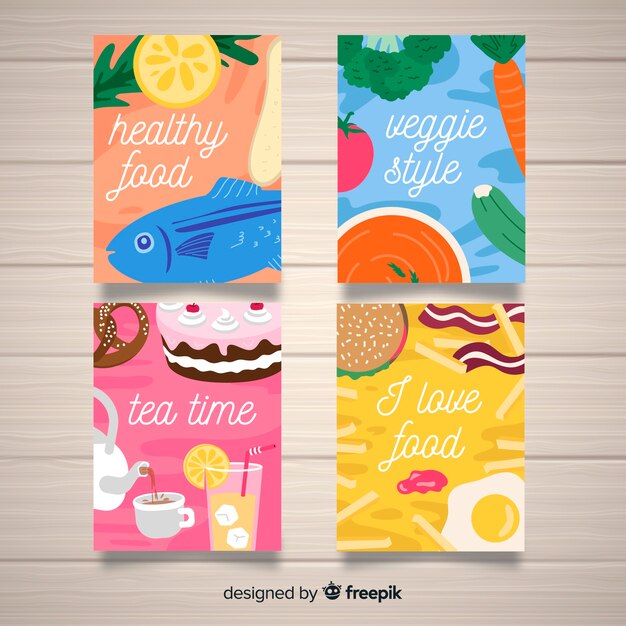 Colección de tarjetas de comida en diseño plano