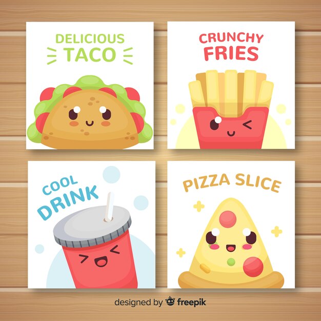 Colección de tarjetas de comida en diseño plano
