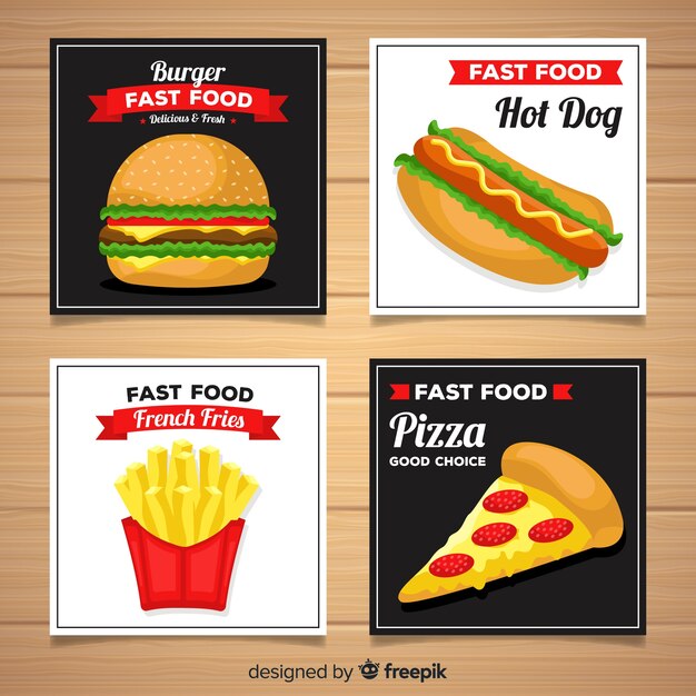 Colección de tarjetas de comida en diseño plano