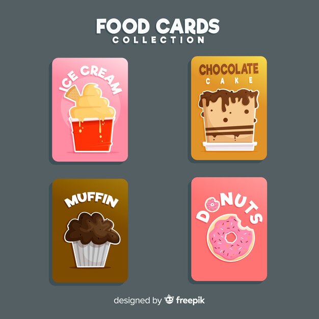 Colección de tarjetas de comida en diseño plano